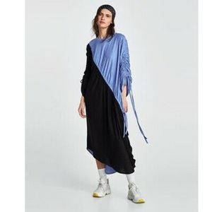 Zara Two Tone Asymmetric Drawstring Midi Dress